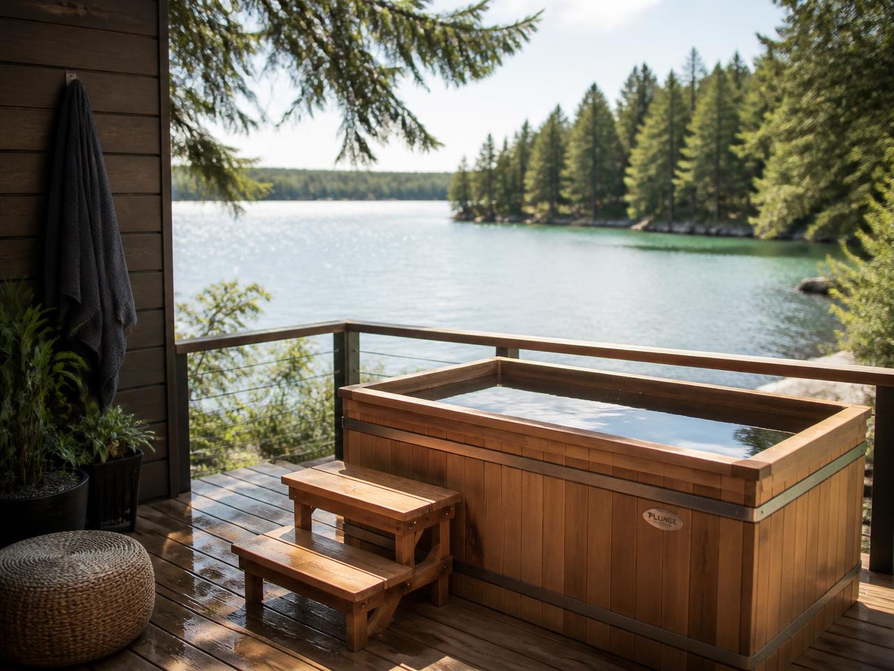 Dark wood cold plunge tub on a deck in a foggy clearing